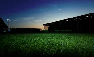 Cancha de estadio con césped al atardecer