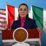 Claudia Sheinbaum en podio con banderas de Mexico y Estados Unidos