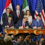 Representantes de Mexico, Estados Unidos y Canada durante la firma del acuerdo comercial USMCA T-MEC