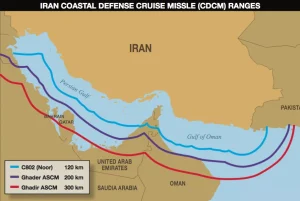 Mapa ilustrativo del alcance de misiles de defensa costera de Irán