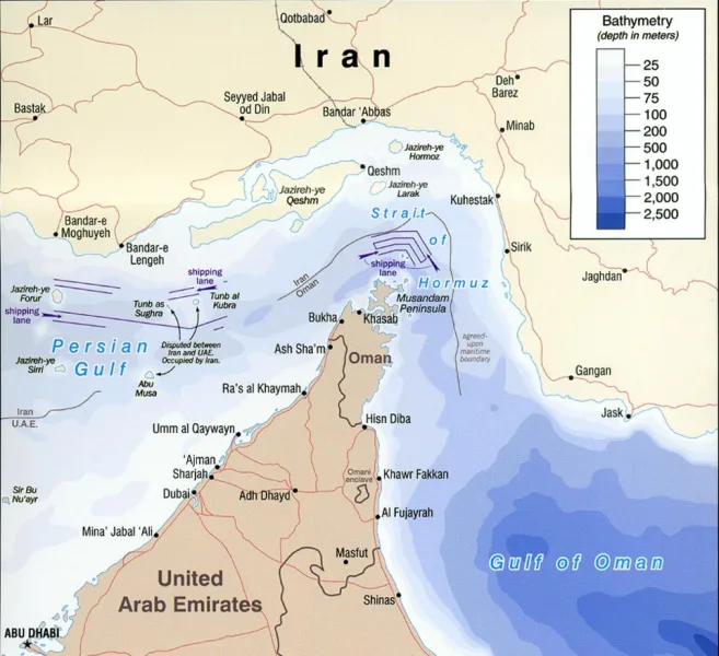 Mapa del estrecho de Ormuz y la zona del Golfo Persico
