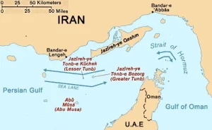 Mapa del estrecho de Ormuz como referencia a la tension en el Golfo Persico