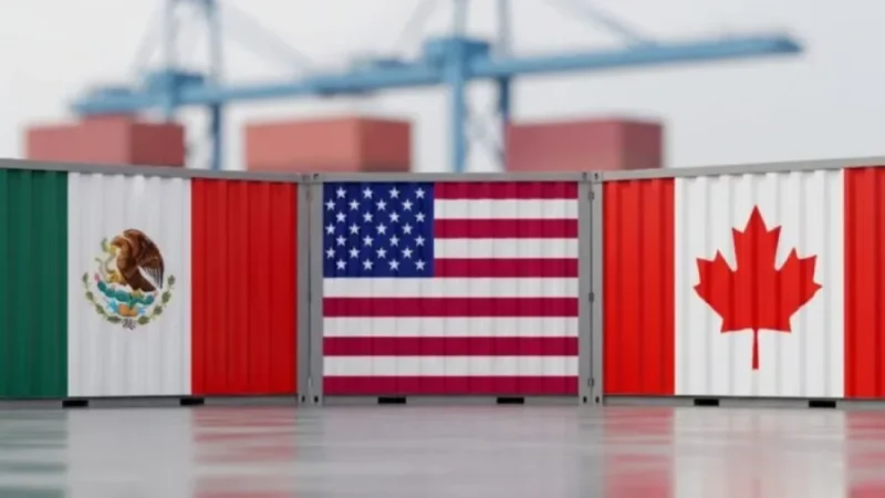 Contenedores con banderas de Mexico, Estados Unidos y Canada como referencia al T-MEC
