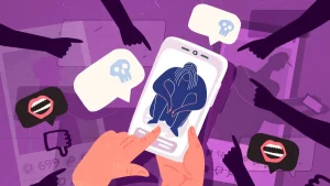 Ilustracion sobre acoso digital y violencia en plataformas tecnologicas