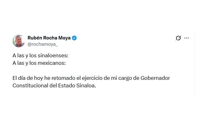 Mensaje de Rubén Rocha Moya sobre su regreso a la gubernatura