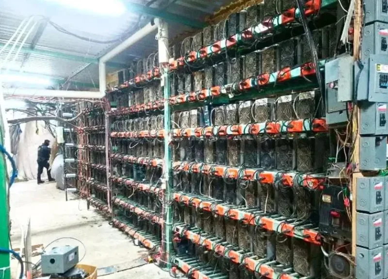 Equipos asegurados en una granja clandestina de criptomonedas en Tlaola, Puebla